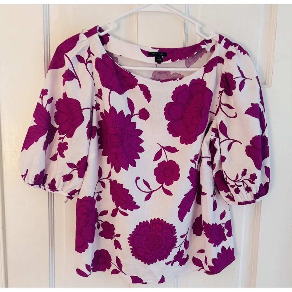 💙Ann Taylor‎ Floral Linen Blend Top Women's Sz XS Boatneck Popover Magenta